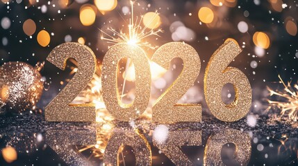 Sparkling 2026 new year greeting card with glitter numbers and bokeh lights on a dark background