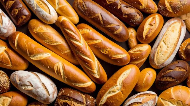Golden brown artisan baguettes and loaves of bread arranged on a dark surface, showcasing crusty textures and fresh bakery products