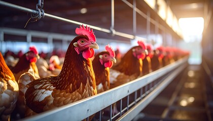 Row of brown and white hens nestled in metal coops, illuminated by natural light.