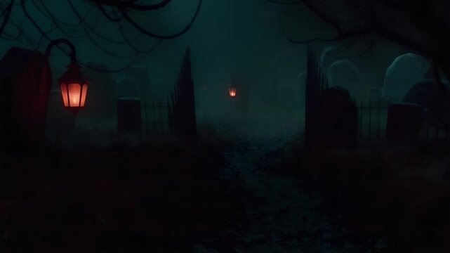 Pumpkin zombie Rising Out Of A Graveyard cemetery and church In Spooky scary dark Night full moon bats on tree. Holiday event halloween banner background concept.