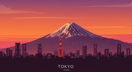 Cityscape of Tokyo at sunrise with Mount Fuji