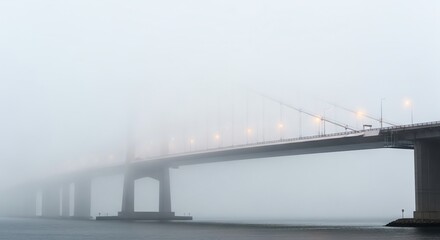 Obraz premium Silent Passage: An Illuminated Bridge Fading into Dense Morning Fog