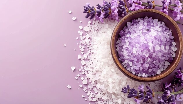 Lavender and Sea Salt Spa Treatment on Purple Background - Powered by Adobe