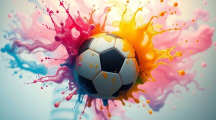Naklejka premium Soccer Ball Bursting with Vibrant Paint Splashes, Energy & Soft Light