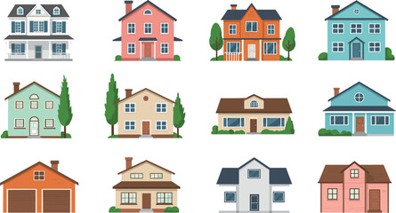 Set of cartoon suburban houses vector illustrations, colorful home drawings, residential buildings clipart, family neighborhood houses collection