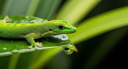 Vibrant Green Gecko with Beaded Skin on a Glistening Leaf with a Water Droplet