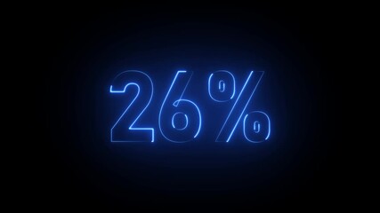 Neon blue 26 percent sign on black background twenty six percent