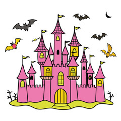 Whimsical pink castle with bats flying against a white background, ideal for Halloween designs