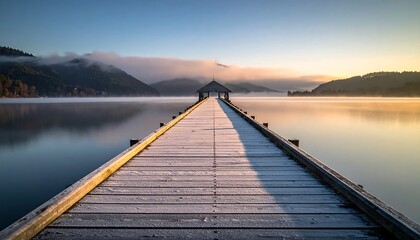 Naklejka premium Tranquil wooden pier stretches across a still lake at sunrise, blanketed in frost, with misty mountains in the background.