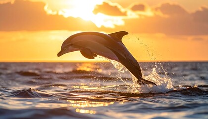 Obraz premium Dolphin leaps from ocean, backlit by sunset's golden hues, showcasing water droplets & rippling waves