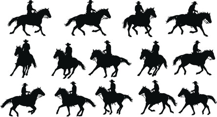 Silhouette of cowboy riding horse in multiple action poses, western rodeo equestrian illustration, cowboy horse riding movement, wild west concept