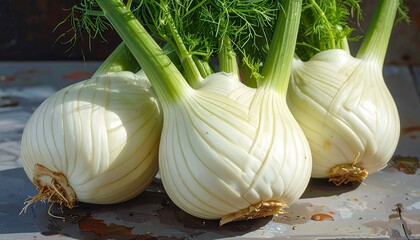 Three fresh fennel bulbs, displaying their unique, textured, white flesh, sit together, showcasing vibrant green foliage.