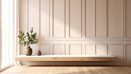 Fototapeta premium Minimalist Interior Design with Cream Walls and Wooden Shelf
