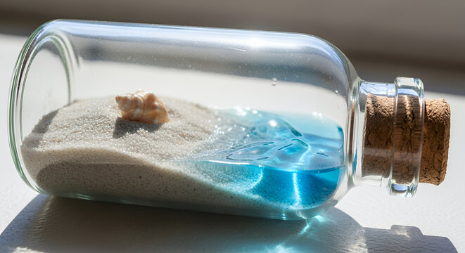 A miniature beach scene inside a glass bottle with sand water and a seashell on a bright surface