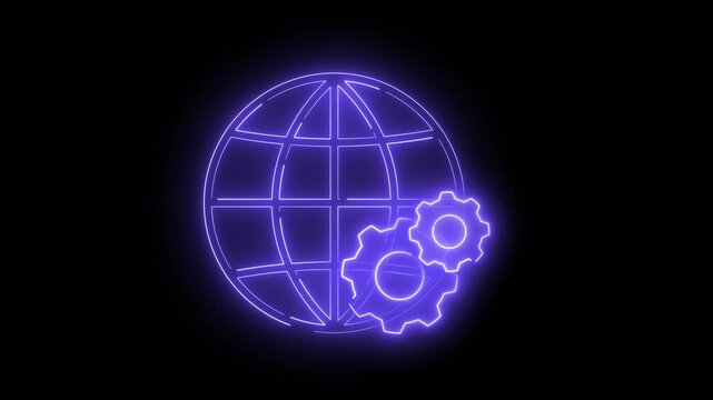 Neon light effect animation of a globe icon and a pair of gears