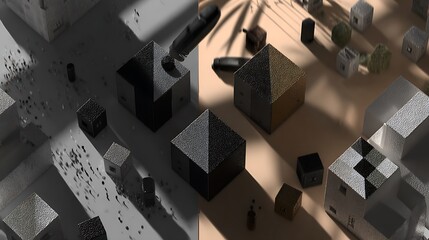 Illustration of abstract architectural composition with geometric shapes and shadows in a surreal setting