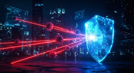 Advanced cybersecurity concept featuring a glowing digital padlock shield protecting network servers in a futuristic data center