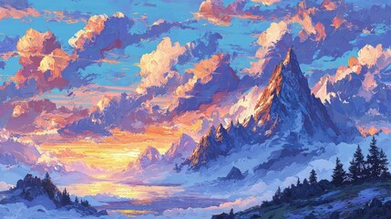 Pixelated Mountain Landscape At Sunrise