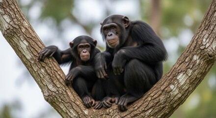 A mother chimpanzee and her young offspring sitting on a tree branch.