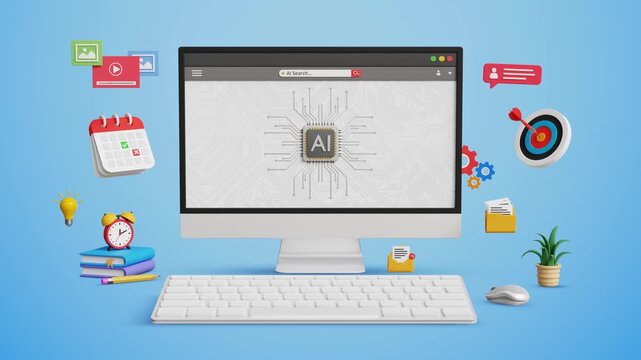 AI technology, Artificial intelligence for business. AI driven workflow, Automating data management, Ethical AI, Big data integration. AI microchip on computer with marketing icons. 4K 3D animation