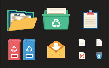 Flat Vector Illustration of Office and Recycling Icons for Business and Environmental Concepts