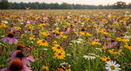 A vast field of colorful wildflowers, including purple coneflowers and yellow daisies, is teeming with numerous monarch butterflies in the soft light of dawn.