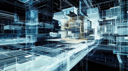 Fototapeta premium 3D building modeling and architectural blueprint planning integrated with BIM digital tools
