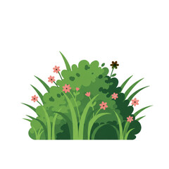 Stylized Green Bush with Blooming Pink Wildflowers and Grass on a Vibrant Background