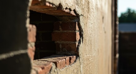 Close-up of a brick wall with a broken window