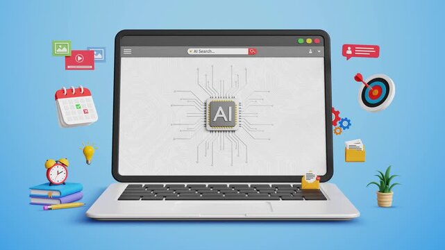 AI technology, Artificial intelligence for business. AI driven workflow, Automating data management, Ethical AI, Big data integration. AI microchip on laptop with marketing icons. 4K 3D animation