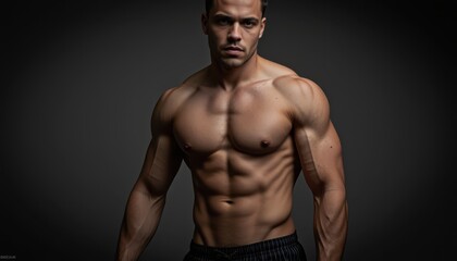 Fototapeta premium Intense bodybuilding pose gym studio fitness photography dark background close-up strength and determination