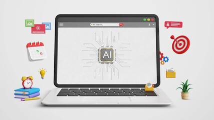 Business process automation, AI powered workflow, digital automation, automate tasks, big data analysis, digital marketing with artificial intelligence. Laptop with big AI microchip. 4K 3D animation - Powered by Adobe