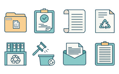 Office Documents and Recycling Icons Set for Business Efficiency and Sustainability Practices Promotion