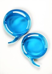 Two overlapping blue speech bubbles with smooth white borders, placed in a minimalistic design style, floating on a plain white background, highly detailed and realistic