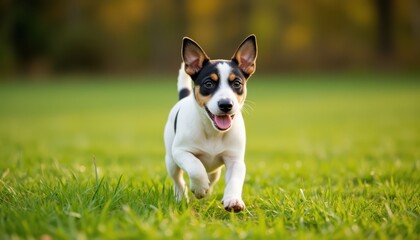 Playful dog running in a lush green field outdoor photography bright atmosphere low angle joyful moments