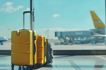 
Two suitcases on the airport floor with an airplane in the background, in a stock photo style, with a blurred blue sky and window frame.