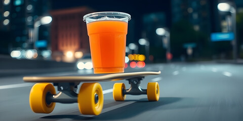 A clear plastic cup filled with orange liquid is placed on a skateboard with yellow wheels speeding on a road. The background features blurred buildings and lights with a sense of motion