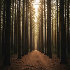 Obraz premium Serene Pine Tree Alley Sunlight Path.