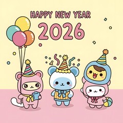 Obraz premium A joyful celebration for the New Year 2026 featuring cute kawaii animal friends. A festive vector graphic with party hats and colorful balloons