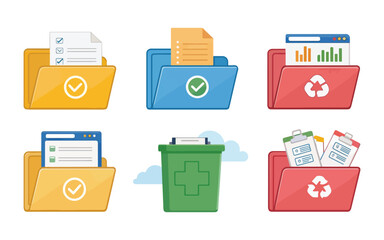 Organization of Digital Files with Folders and Documents in Various Colors and Designs on White Background