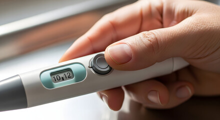 hand holding blood glucose meter for diabetes management