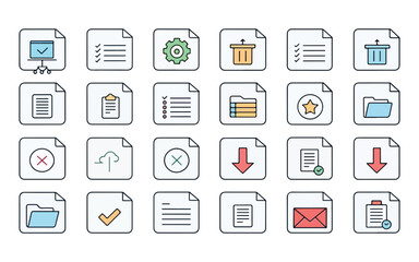 Set of Document File Icons Representing Different Functions and Operations for Computer Software Applications and Online Platforms