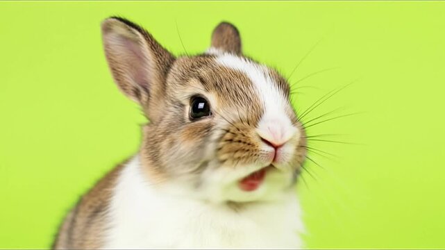Close-up of a surprised brown and white rabbit against a green background.