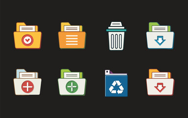 Set of File Management Icons with Folder Options and Recycle Bin for Data Organization and Storage in Digital Systems