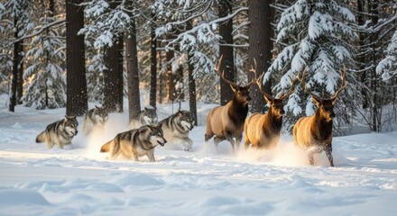 Naklejka premium Wolves chasing elk through snowy forest.