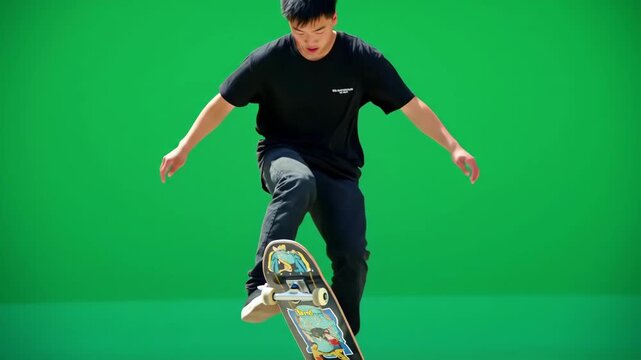 A person skateboarding against a solid green background.