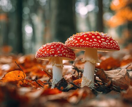 Two vibrant red toadstools amidst autumn leaves