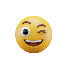 Winking yellow smiley face emoji with wide smile and open eyes expression transparent background