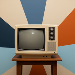 Vintage Television Set on Wooden Table with Retro Sunburst Background