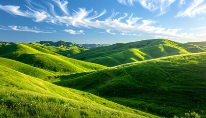 Fototapeta premium Lush green hills gently rise beneath a vibrant, cloud-filled sky, creating a serene and peaceful landscape.